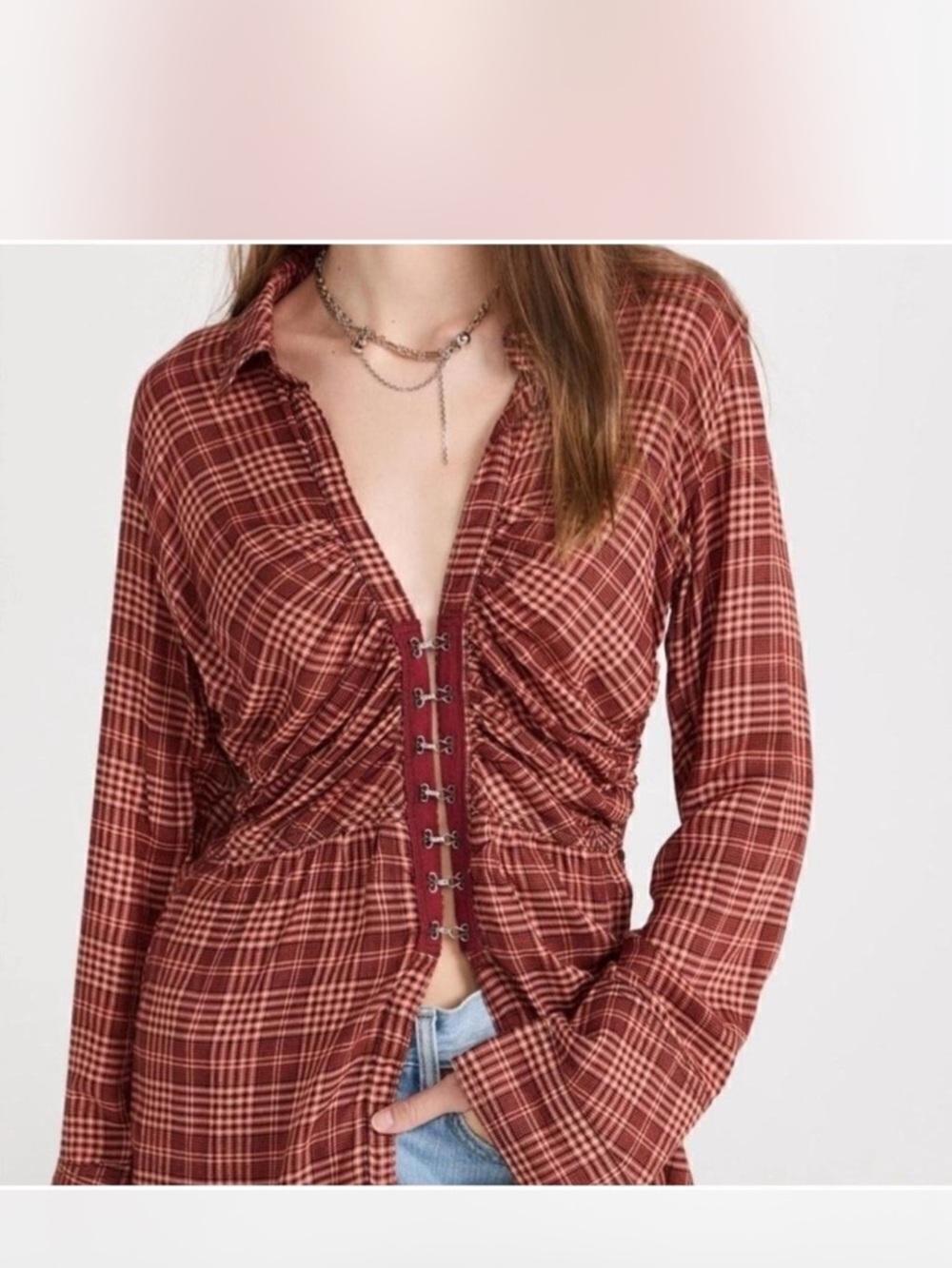 We The Free Red Plaid Hook-Front Button Down Shirt